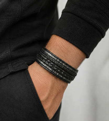 Premium men's layered leather bracelet, isolated on a clean white background, showcasing a matte black clasp.