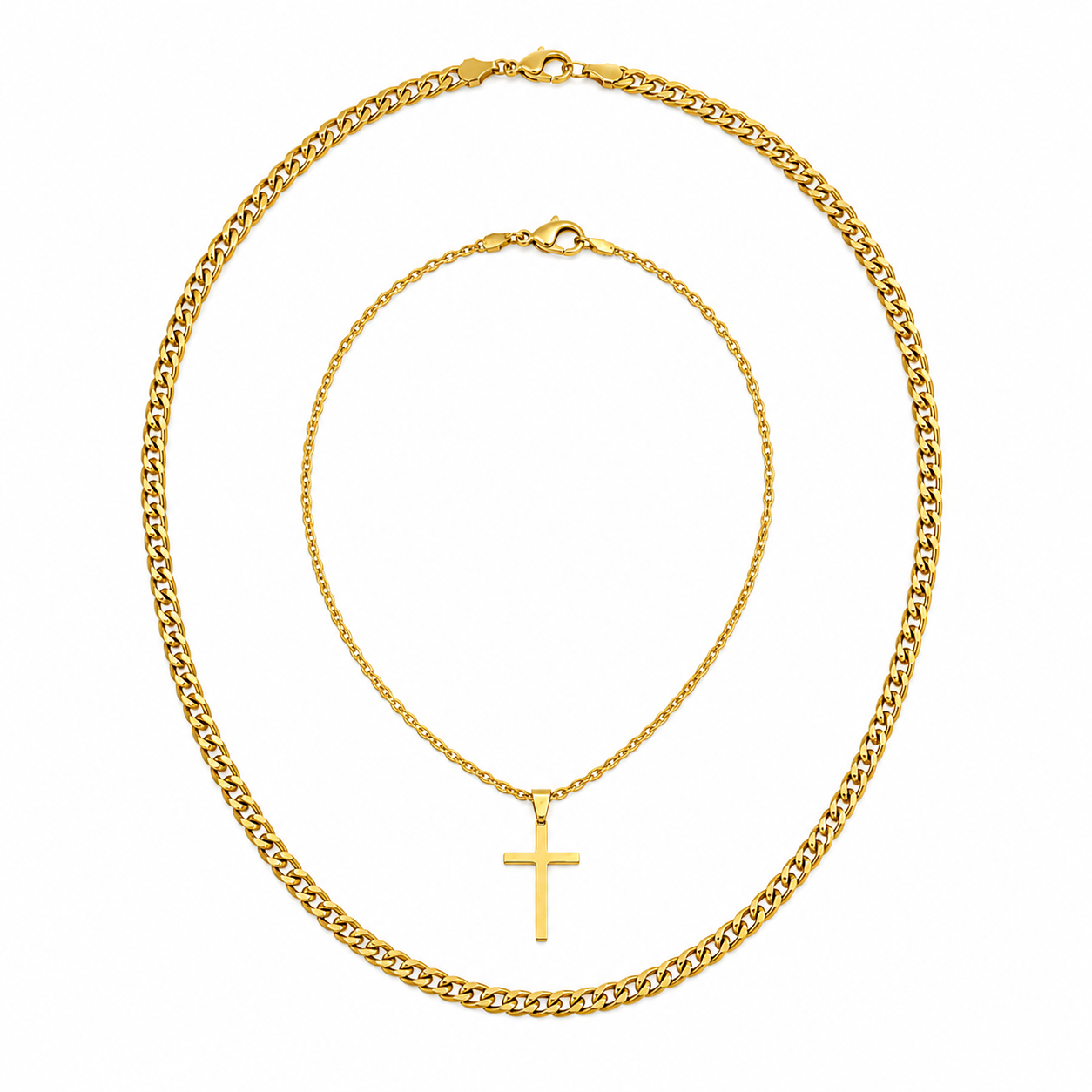 Close-up of a stylish gold-layered necklace stack for men, perfect for contemporary and urban-inspired fashion.
