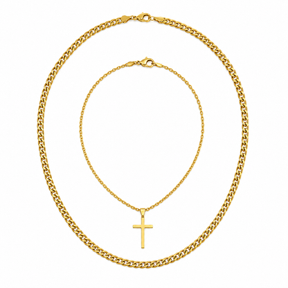 Close-up of a stylish gold-layered necklace stack for men, perfect for contemporary and urban-inspired fashion.