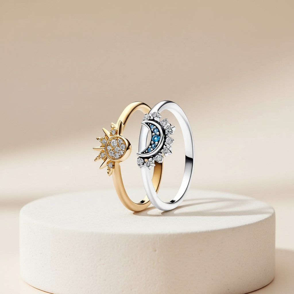 Two rings, one gold and one silver, on a beige pedestal with a beige background