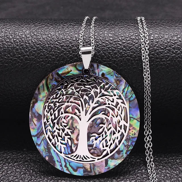 Tree of Life Abalone Shell Necklace Chakra Crystal Sri Yantra Necklace