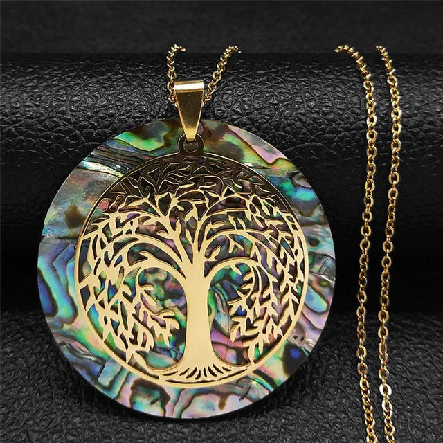 Tree of Life Abalone Shell Necklace Chakra Crystal Sri Yantra Necklace