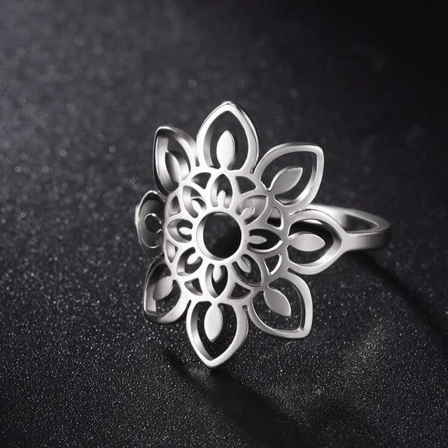 My Shape Lotus Flower Ring Mandala Silver Gold Women Ring