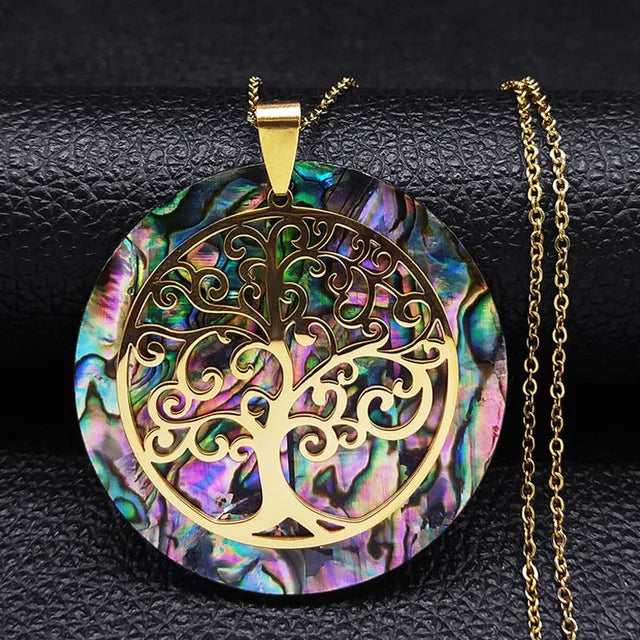 Tree of Life Abalone Shell Necklace Chakra Crystal Sri Yantra Necklace