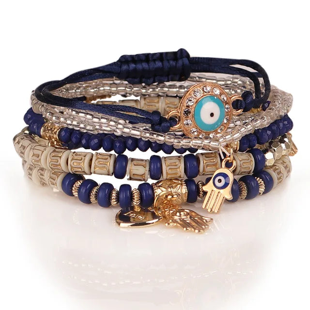 Evil Eye Bracelet Set Hamsa Charm Beaded Rope Women 6pcs Bracelet