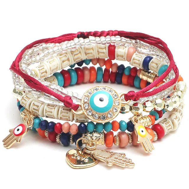 Evil Eye Bracelet Set Hamsa Charm Beaded Rope Women 6pcs Bracelet