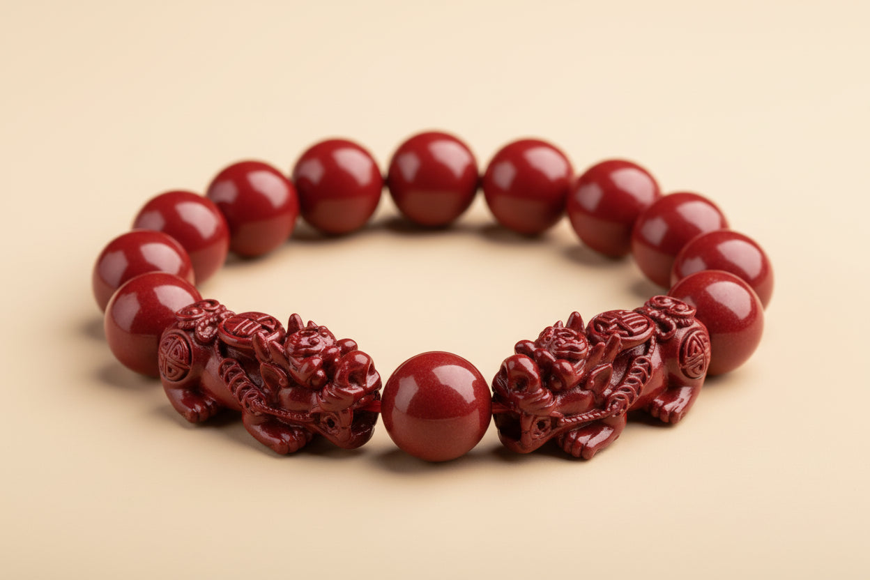 Red beaded bracelet with dragon designs on a red background
