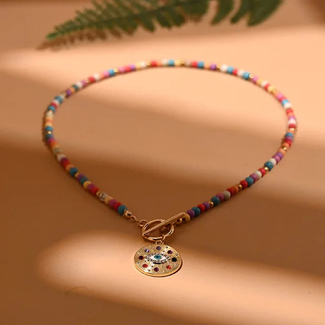 Colorful Stone Bead Choker Necklace Evil Eye Charm Crystals Gemstones Necklace