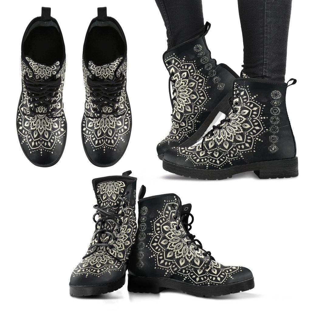 Black Chakra Mandala Leather Boots