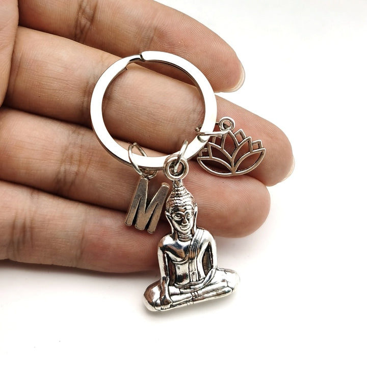 Buddha Keychain with Lotus Flower and Letter