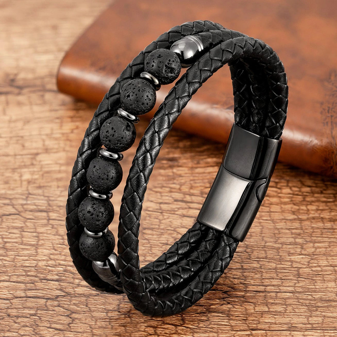 Multilayer Round Stone Leather Bracelets Tiger Eye Hematite Bracelets