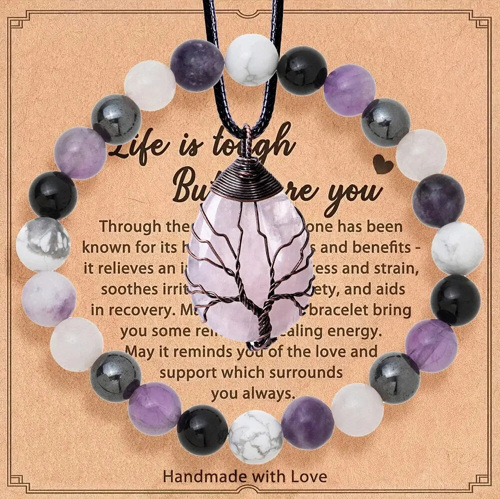 Tree Of Life Amethyst Crystal Stone Necklace And Bracelet Set