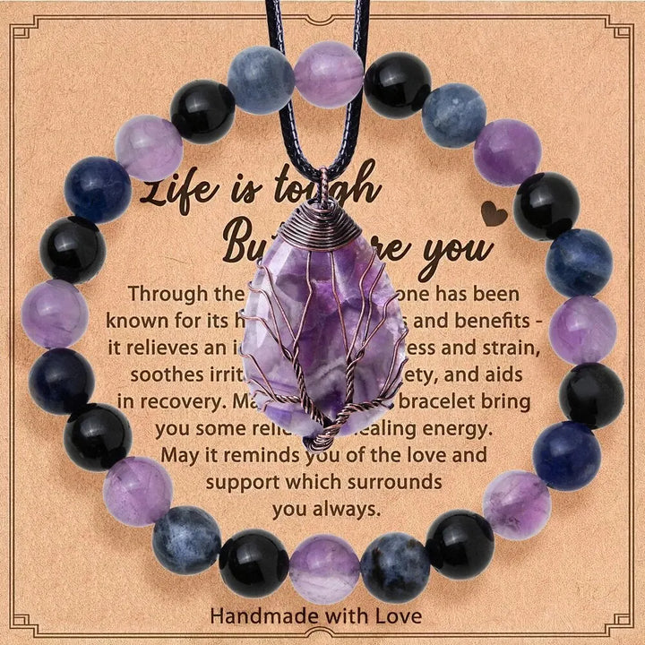 Tree Of Life Amethyst Crystal Stone Necklace And Bracelet Set