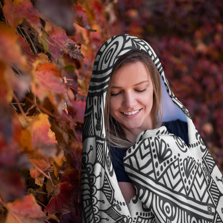 White Black Peace and Mandala Hooded Blanket