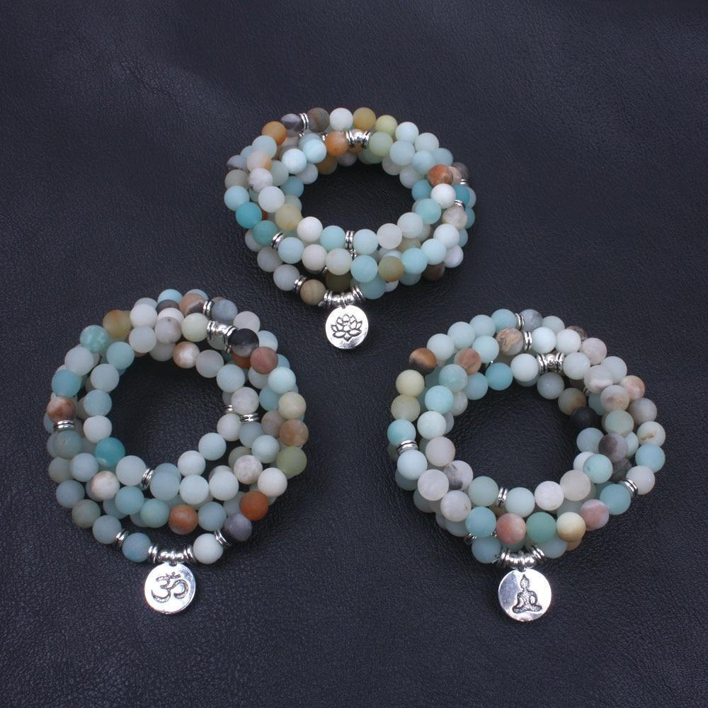 108 Matte Amazonite Beads Lotus Charm Mala