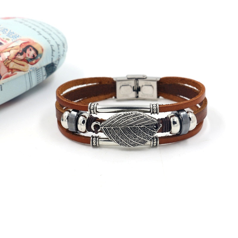 Multi-layer Leather Charm Tibetan Bracelet - Hamsa & More