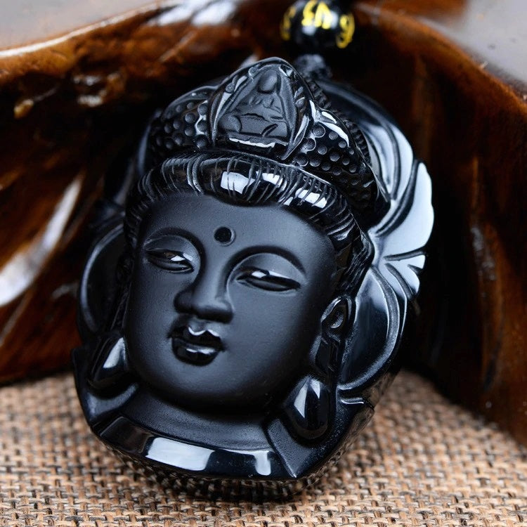 Natural Obsidian Buddha Black Pendant Necklace