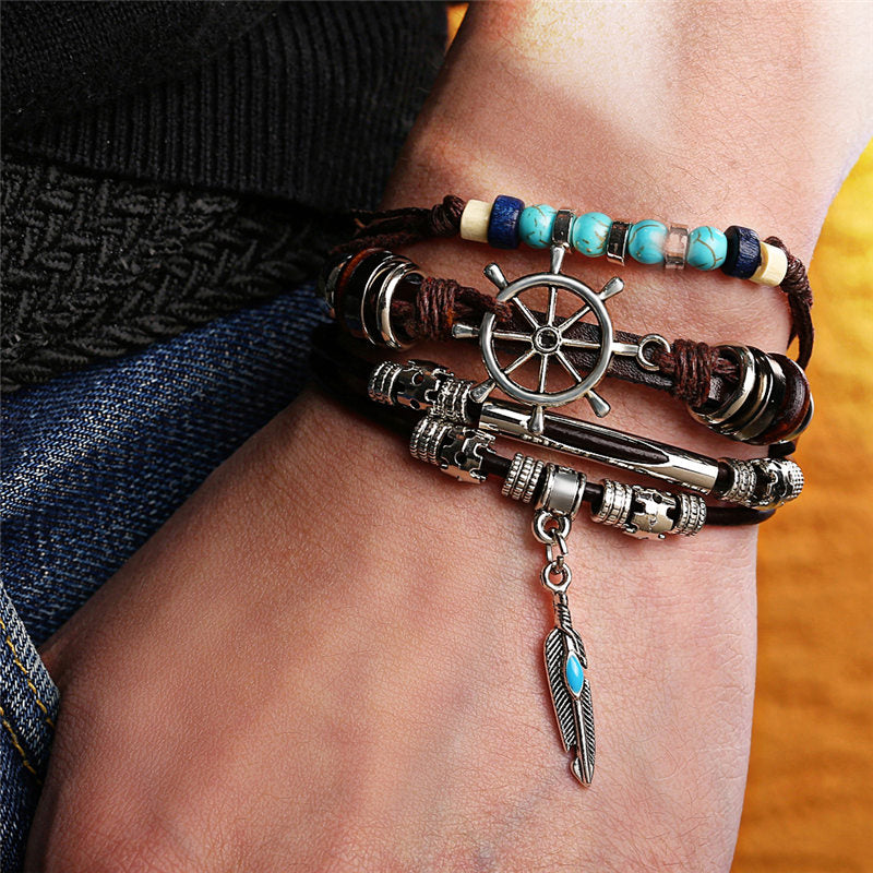 Boho National Stone Feather Multilayer Leather Bracelet Evil Eye Charms  Turquoises Beads Bracelets for Men Vintage Punk Wrap Wristband Owl Bird