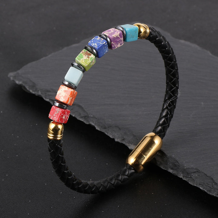 ﻿7 Chakra Cubic Beads Bracelet Healing Stone Charm Bangle Bracelet Unisex Silver Gold