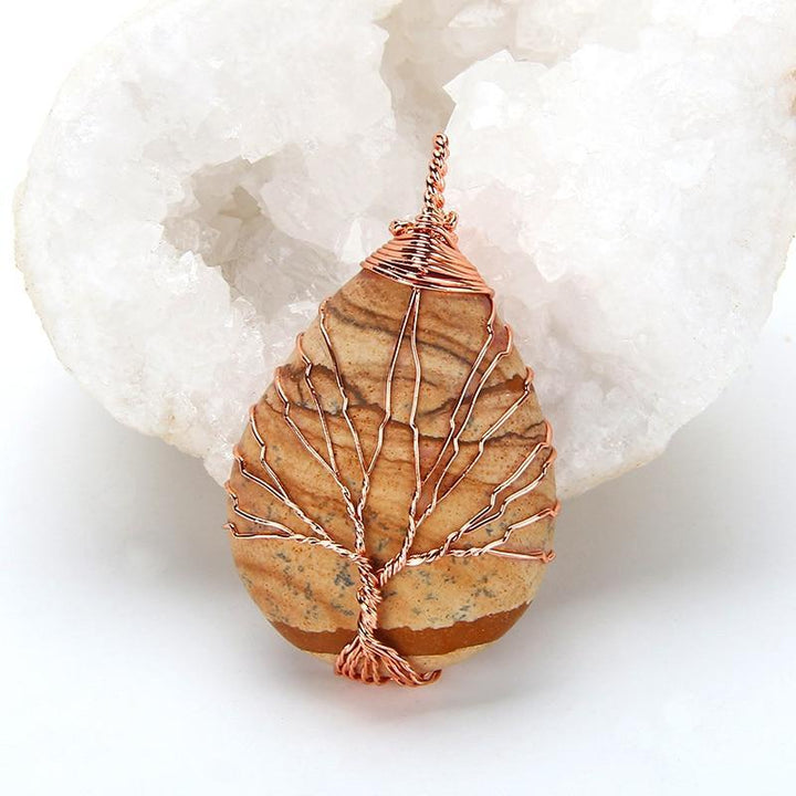 Natural Opal Stone Tree of Life Crystal Necklace Opalescent Rose Gold Chain Necklace