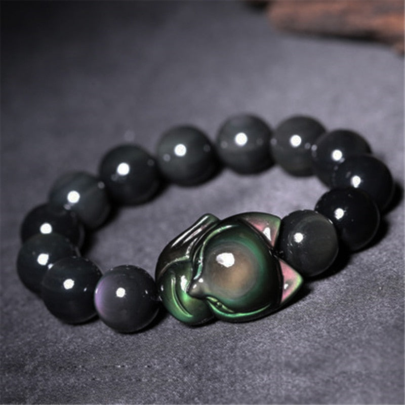 Feng Shui Small Fox Fairy Bracelet Black Obsidian Beads Lucky Protector