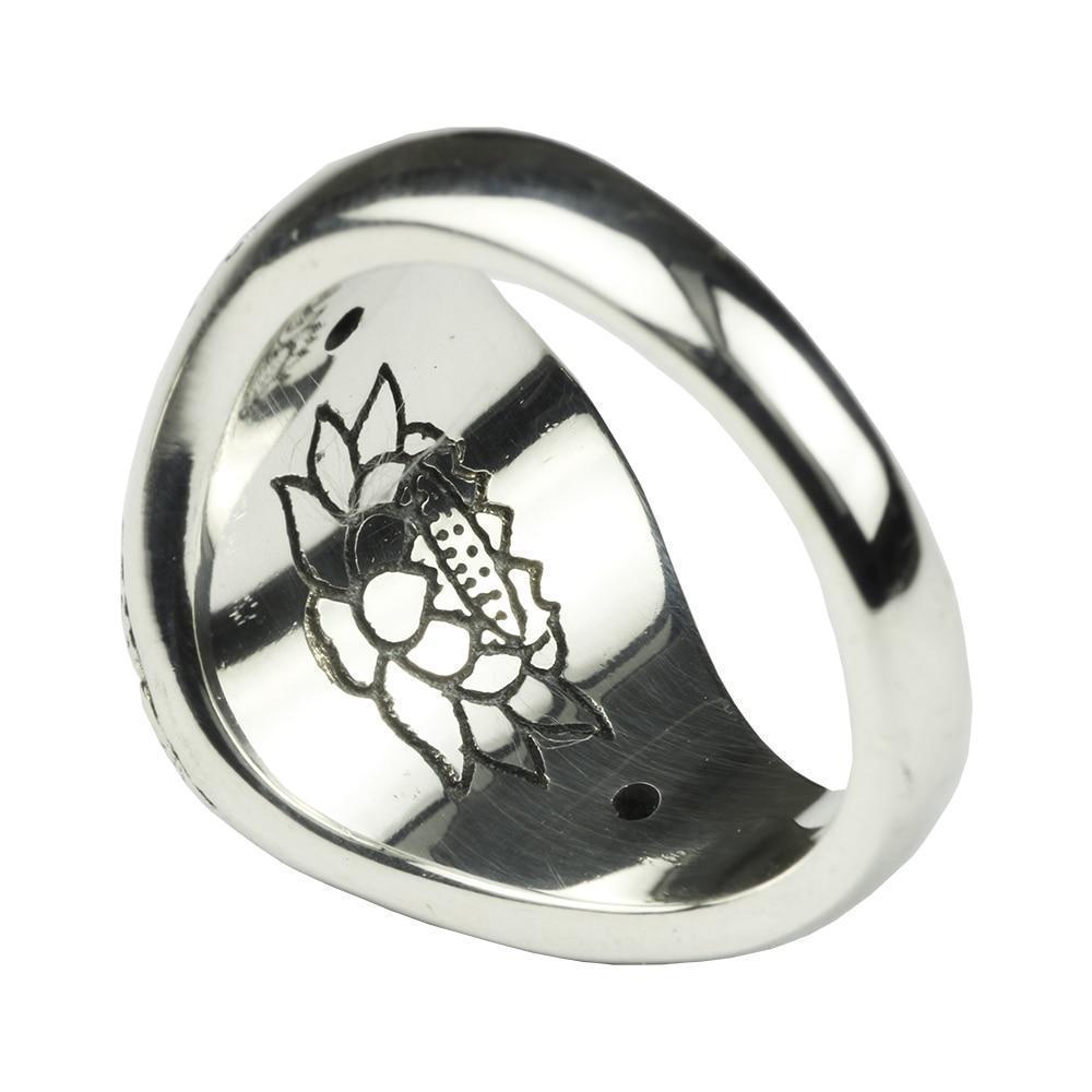 Silver 6 Syllable Mantra Lotus Signet Ring