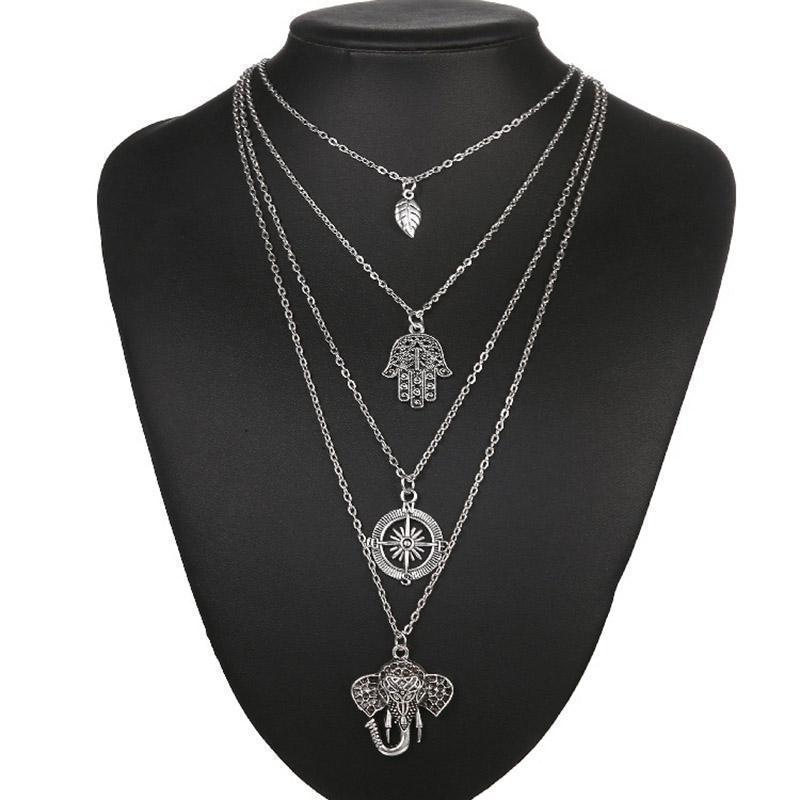 Silver OM Elephant Moon Pendant Collar Necklace Charm Choker Vintage Women Boho Necklace