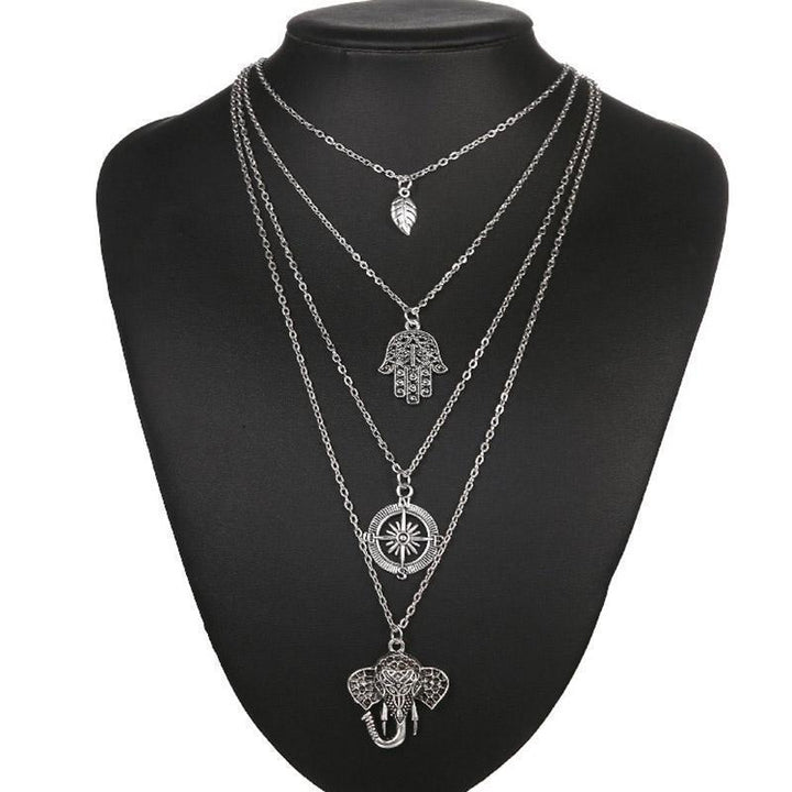 Silver OM Elephant Moon Pendant Collar Necklace Charm Choker Vintage Women Boho Necklace