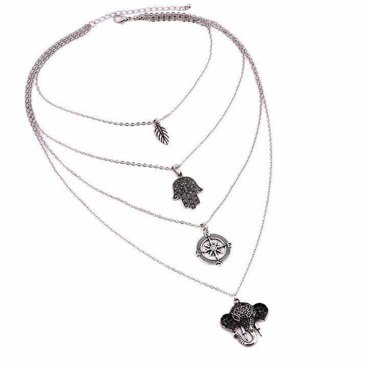 Silver Om Elephant Moon Pendant Collar Necklace