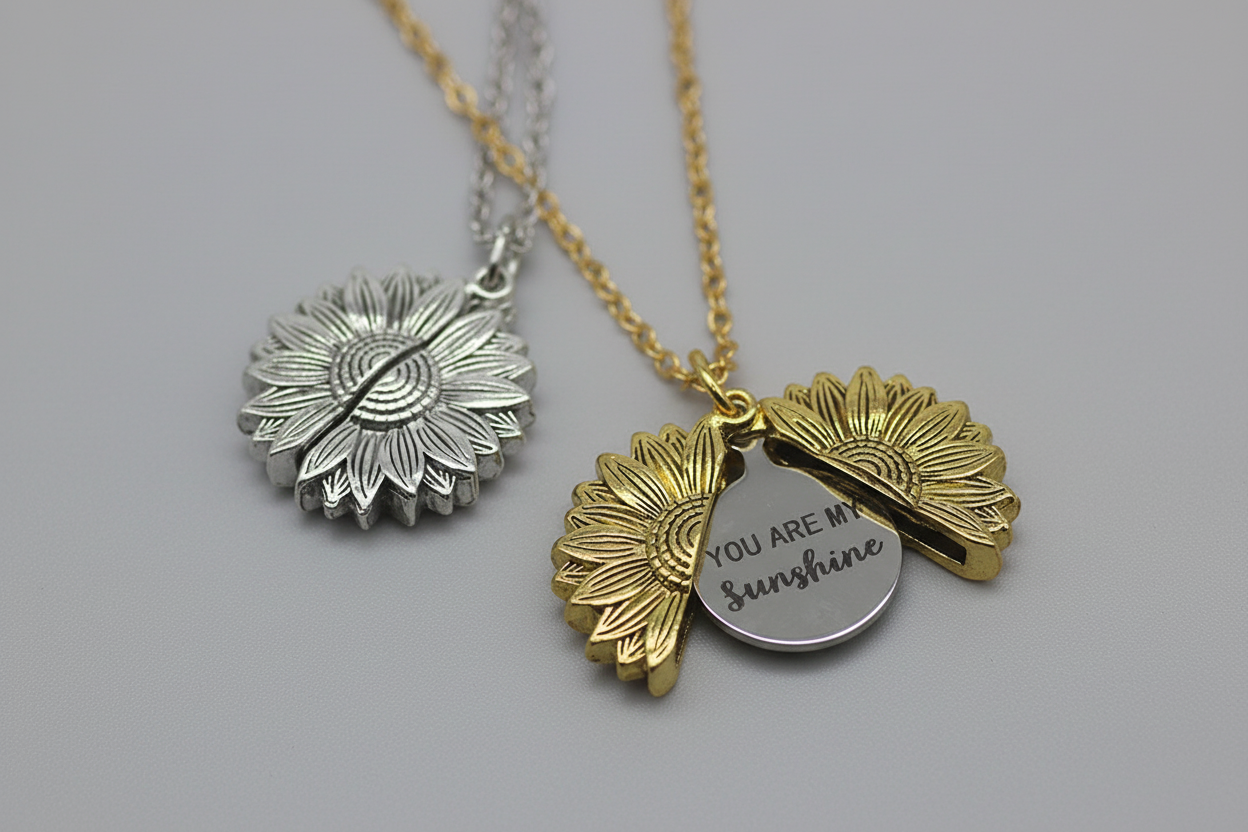 A gold-colored necklace with a sunflower design and an engraved pendant that reads 'You Are My Sunshine' held in a person's hand.