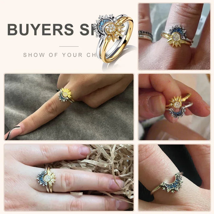 Celestial Moon Sun Stackable Ring - Silver Gold Diamond Women Rings