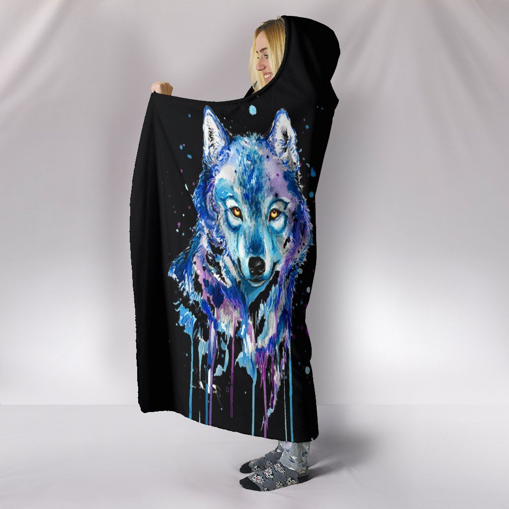 Watercolour Wolf Black Plush Lined Hooded Blanket