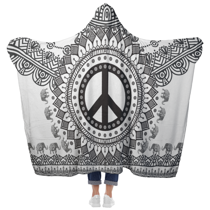 White Black Peace and Mandala Hooded Blanket