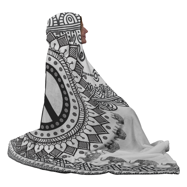 White Black Peace and Mandala Hooded Blanket