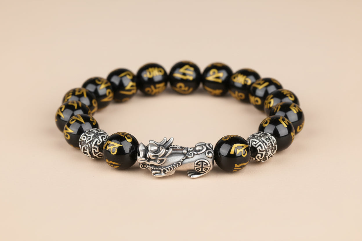Black and gold beaded bracelet with a silver clasp on a gray background