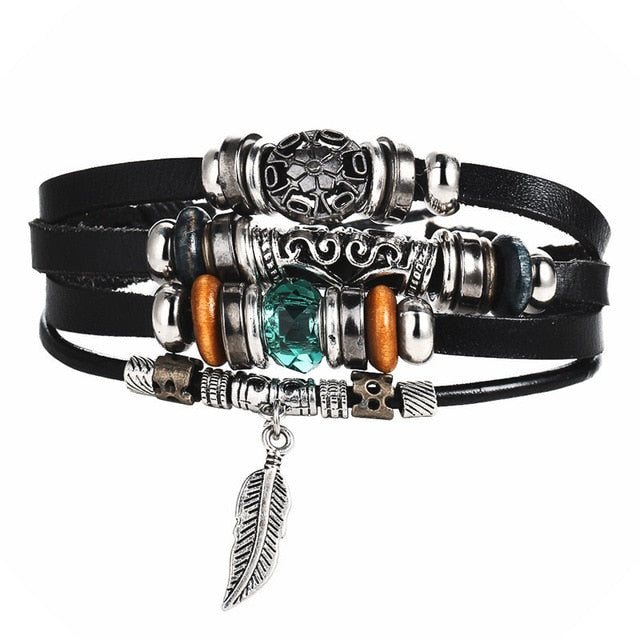 Tibetan Stone Feather Leather Bracelet