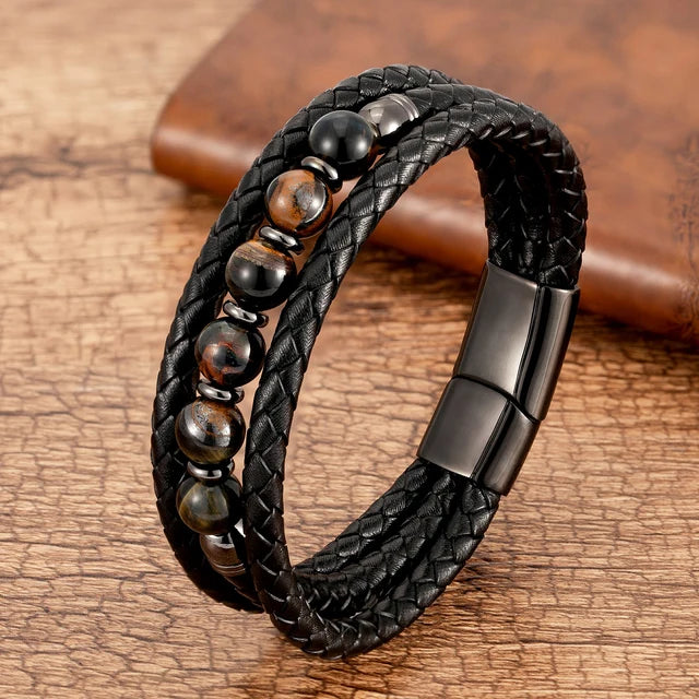 Multilayer Round Stone Leather Bracelets